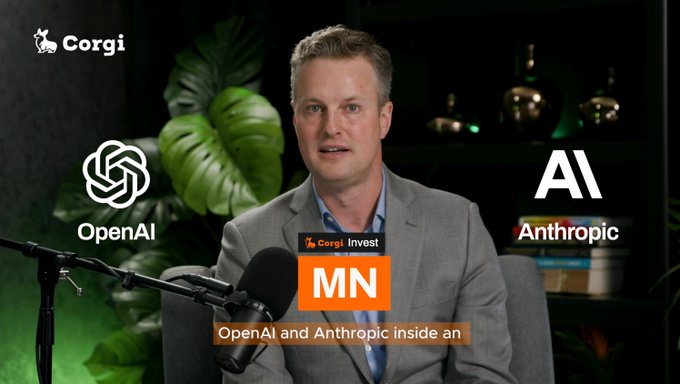 A man in a gray suit speaking into a microphone, with a 'Corgi Invest' logo and overlays mentioning OpenAI and Anthropic AI companies.