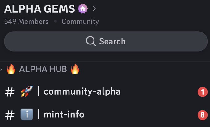 A dark-themed Discord interface for the 'ALPHA GEMS' community with 549 Members, showing a search bar, an 'ALPHA HUB' category, and channels named '#🚀 | community-alpha' and '#ℹ️ | mint-info'.