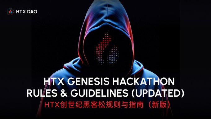The image features an advertisement for a Genesis Hackathon event that has been updated with new rules and guidelines. The poster displays a person wearing a hooded sweatshirt against a black background, with the text "HTX Genesis Hackathon" written above them. Below this, there is a list of the updated rules and guidelines for the hackathon, which includes details about the registration deadline, initial screening phase, online demo day, and offline finals. The poster also has an image of a person wearing a hooded sweatshirt with a face on it, possibly representing the organizer or participant of the event.