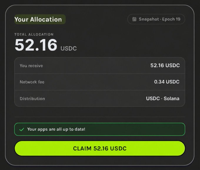 A dashboard interface showing "Your Allocation" of 52.16 USDC for Snapshot · Epoch 19, with a breakdown of the receive amount, a 0.34 USDC network fee, and USDC distribution on Solana, along with a green "Your apps are all up to date!" confirmation and a "CLAIM 52.16 USDC" button. The image illustrates the Stage 2 $GRASS rewards claim process via the Grass Wallet option mentioned in the post.