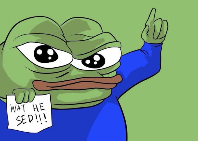 The 'Wot He Sed' Pepe the Frog meme character holds a note saying 'WAT HE SED!!!' while pointing upward.