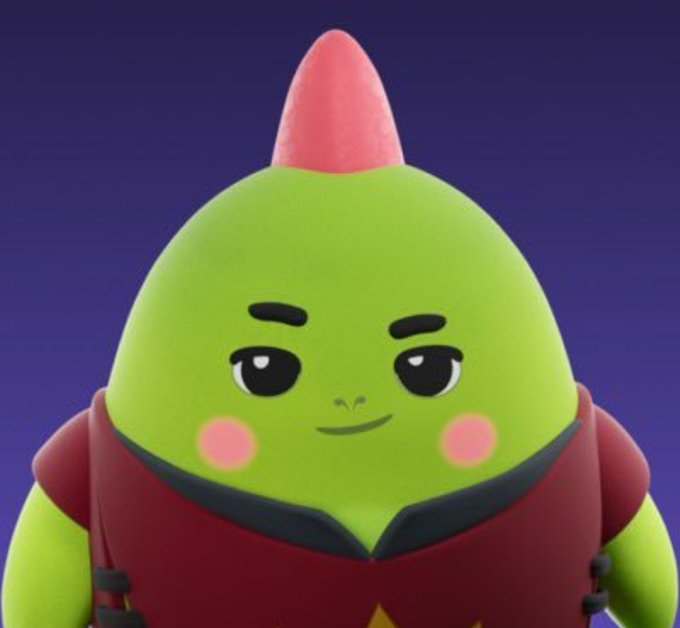 A 3D-rendered green cartoon character with a red pointed mohawk and rosy cheeks wearing a red and black outfit, set against a plain purple background.