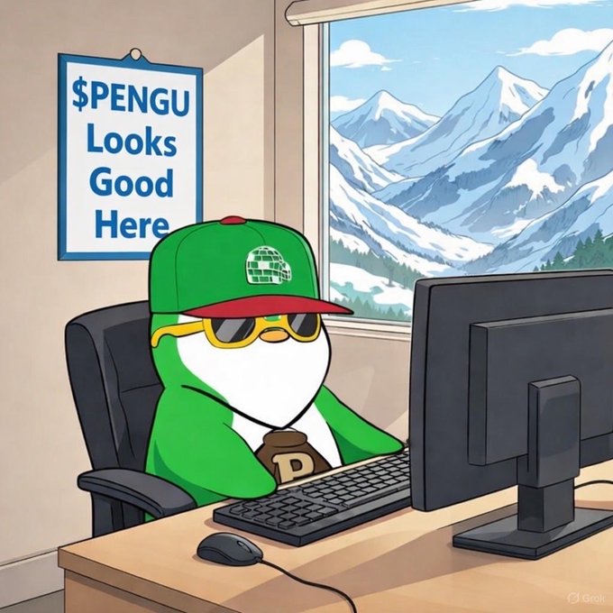A cartoon penguin character wearing a green cap, yellow sunglasses, and a 'D' medallion, sitting at a desk with a computer, with a poster on the wall reading '$PENGU Looks Good Here' and snowy mountains visible through the window.