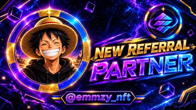 A promotional graphic announcing a 'NEW REFERRAL PARTNER' for @emmzy_nft, featuring an anime-style illustration of a smiling character wearing a straw hat against a vibrant purple cosmic backdrop.