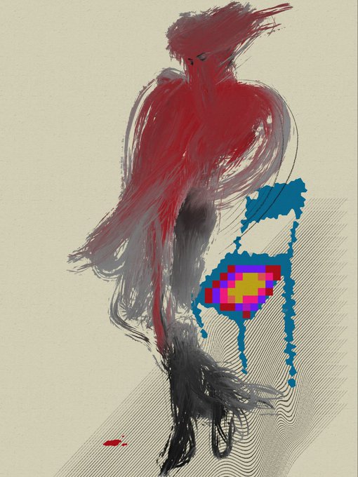 An abstract artistic rendering of a bird with sweeping red and black brushstrokes, featuring a brightly colored pixelated shape overlaid on top of fine line patterns.