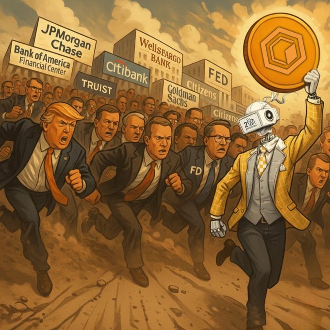 A satirical illustration showing an angry mob of figures, including a Donald Trump caricature, chasing a robotic figure holding a large gold coin, with bank names like JPMorgan Chase, Bank of America, Citibank, Wells Fargo, Truist, Goldman Sachs, and FED in the background.