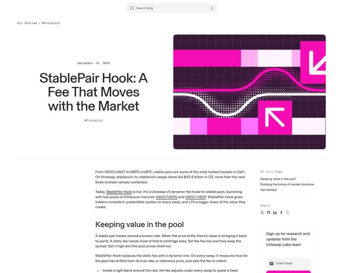 A blog post titled 'StablePair Hook: A Fee That Moves with the Market' dated September 10, 2024, featuring a pink and purple graphic and text discussing Uniswap v4 dynamic fee hooks.