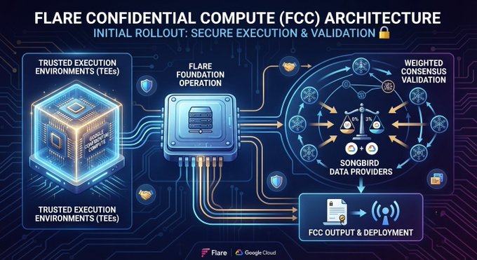 A technical diagram titled 'FLARE CONFIDENTIAL COMPUTE (FCC) ARCHITECTURE' illustrating the Initial Rollout for Secure Execution & Validation, depicting Trusted Execution Environments (TEEs) connecting to a Flare Foundation Operation and a Weighted Consensus Validation network, deployed via Flare and Google Cloud.
