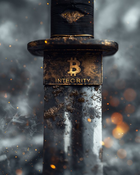 The image depicts a close-up of a katana blade, with the Bitcoin symbol and the word "INTEGRITY" etched onto its guard. This visually connects the concept of integrity to the strength and sharp precision of the sword, suggesting that Bitcoin, like a well-crafted blade, relies on its inherent integrity.