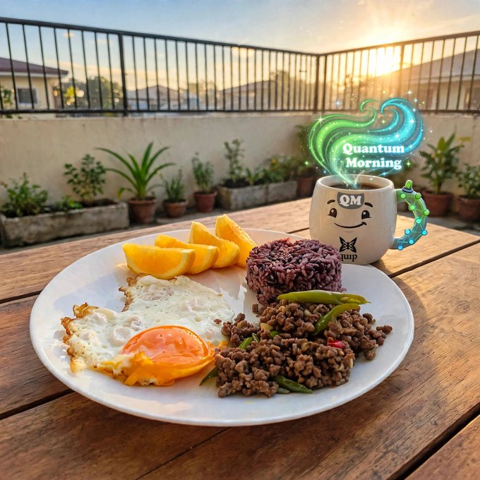 A breakfast plate with fried egg, orange slices, purple rice, and minced meat sits on a wooden table, accompanied by a mug labeled 'QM Quantum Morning' with a glowing magical effect.