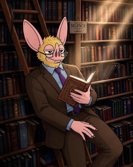 An anthropomorphic yellow bat in a brown suit reads an ornate book in a quiet library, with a visible sign reading "SILENCE ... LIBRARY." The scholarly, introspective scene of quiet reading contrasts the post's energetic "gm hoodrats…the mission continues" greeting, offering a calm, studious morning ritual rather than a hyped wake-up.