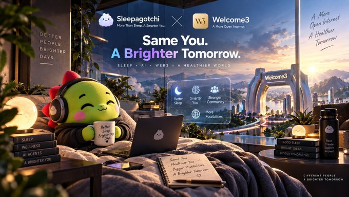 A promotional banner for a Sleepagotchi and Web3 collaboration titled 'Same You, A Brighter Tomorrow,' featuring a green cartoon mascot with headphones holding a mug, alongside tags like 'Better Sleep,' 'AI Agents,' and 'Stronger Community.'