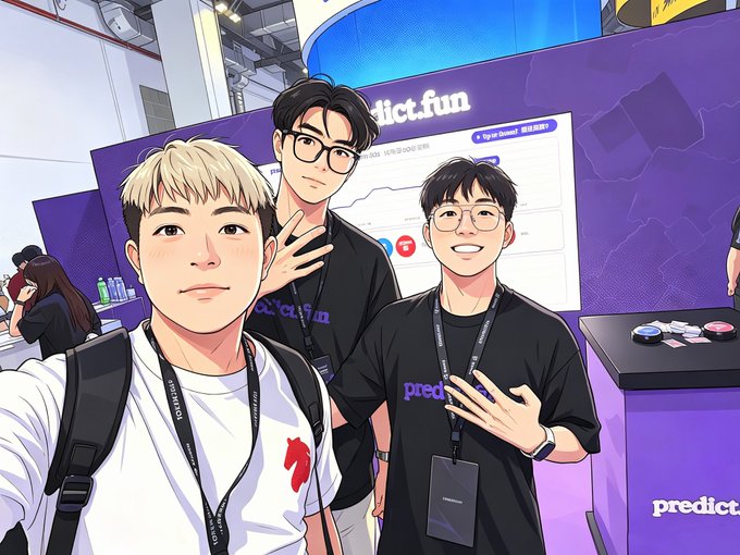 An anime-style illustration of three young men taking a selfie at what appears to be a 'predict.fun' crypto event booth.