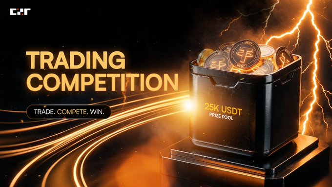 A promotional graphic for a trading competition featuring "25K USDT PRIZE POOL" with a black container of golden coins against a dark background with lightning effects.