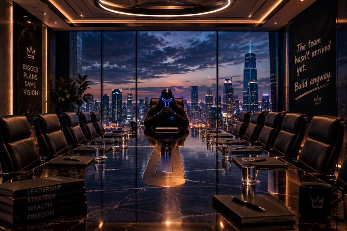 A luxurious boardroom with a long table and leather chairs features a hooded figure at the head, with motivational text including 'BIGGER PLANS SAME VISION' and 'The team hasn't arrived yet. Build anyway.'