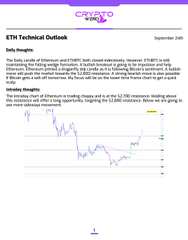 A document titled 'ETH Technical Outlook' dated September 24th from 'cryptoqualitysignals', featuring a daily Ethereum analysis with a bearish short-term outlook.