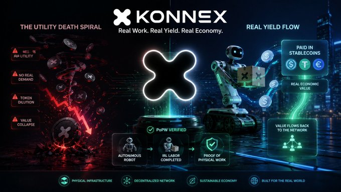 The image shows a computer-generated infographic promoting Konnex, which is an Artificial Intelligence company with interests in blockchain technology. The poster displays icons representing key features of their services like real world data mining and automated network building, as well as the automation market itself and a virtual currency called POW (Proof Of Work). A robot can be seen next to these icons, possibly illustrating some of the projects that Konnex is involved with. This illustration implies an association between the digital technology sector and the economy or labor market in which they are operating.