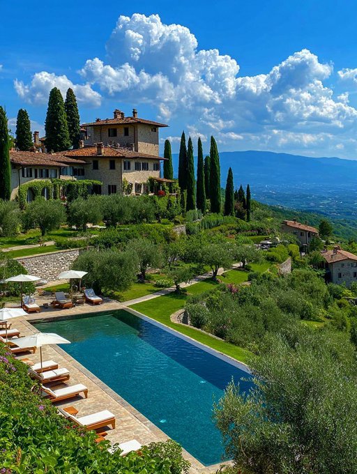 The image features a large swimming pool surrounded by several lounge chairs, with an impressive view of a house situated at the top of a hill overlooking the surrounding area. The scene appears to be set in a sunny day, as there are numerous clouds scattered across the sky. The focus on the pool and its surroundings highlights the relaxing atmosphere that this outdoor space offers for guests staying at the property.