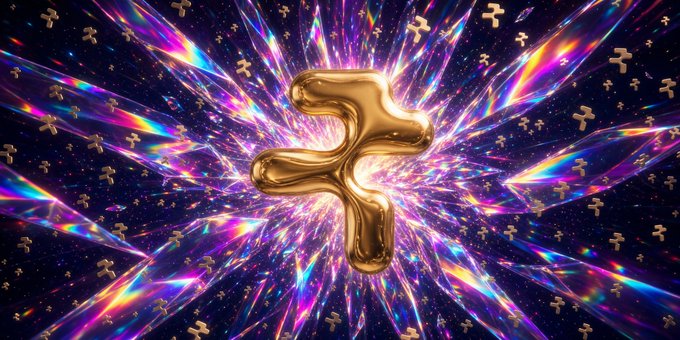 A digital artwork featuring a golden 3D letter 'F' at the center of a colorful, prismatic explosion, with smaller 'F' symbols scattered across the dark background.