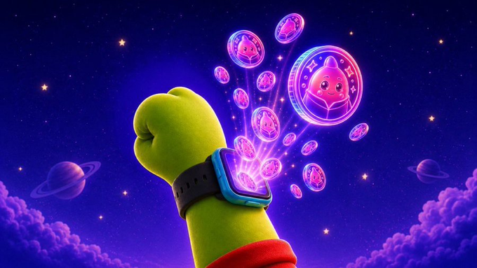 A 3D-rendered illustration of a green cartoon character with a smartwatch on its wrist, surrounded by glowing pink crypto coins featuring a rocket-like character, set against a starry purple space background.