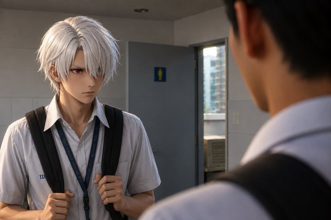 An anime-style illustration showing a young man with white hair and red eyes in a school uniform with a backpack, facing another person whose back is turned, set in what appears to be a school restroom.