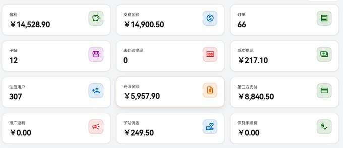 A dashboard displaying Day 30 metrics for an AI top-up website, showing key figures including profit of ¥14,528.90, transaction revenue of ¥14,900.50, 66 orders, 12 sub-sites (substations), 0 pending withdrawals, ¥217.10 in successful withdrawals, 307 registered users, ¥5,957.90 in recharge amounts, ¥8,840.50 in third-party payments, ¥0.00 in ad revenue, ¥249.50 in substation commission, and ¥0.00 in supply chain fees.