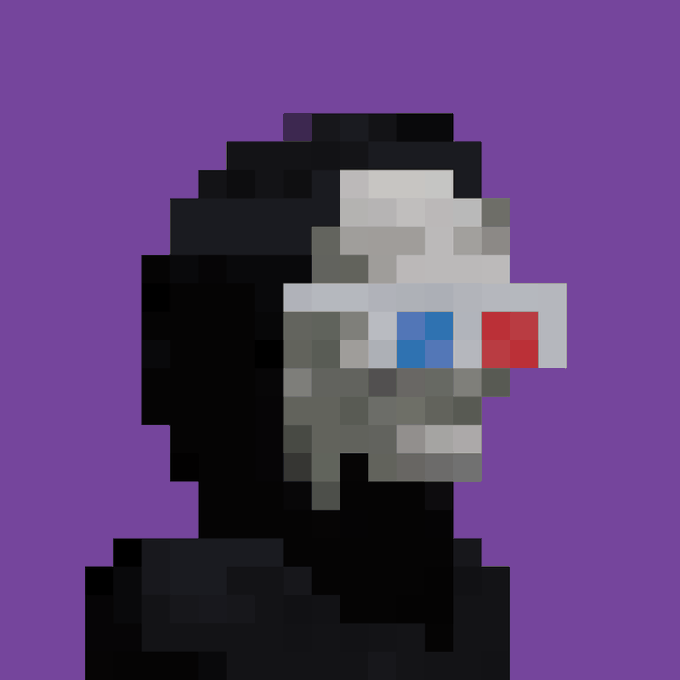 A pixel art portrait of a humanoid figure wearing a grey visor with a blue and red lens, set against a solid purple background.