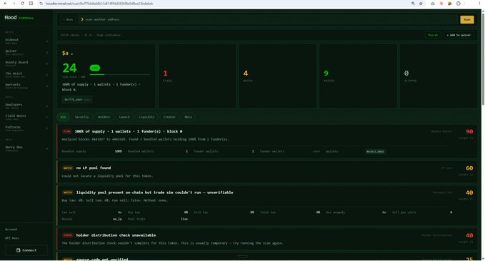 The image shows a "Hood Terminal" dashboard featuring supply alerts, with visible numbers including a supply of 24 wallets, alongside alerts with 90, 60, and 40 weight scores for items like SUI, MEMELAND, and others, all on a dark green-themed interface. The screenshot illustrates the platform mentioned in the post, demonstrating the Hood Terminal scanner interface that has been optimized for faster scans.