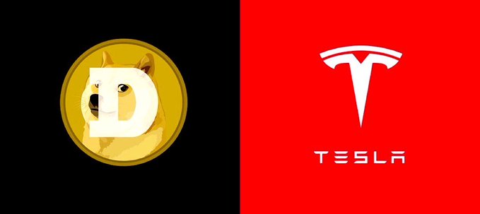 The image shows a split-screen with the Dogecoin (DOGE) logo featuring a Shiba Inu dog on a black background on the left, and the Tesla logo with its stylized "T" emblem and "TESLA" text on a red background on the right. This visual pairing illustrates the article's point that Dogecoin remains as the lone cryptocurrency payment option on Tesla's website, following the removal of all Bitcoin references.