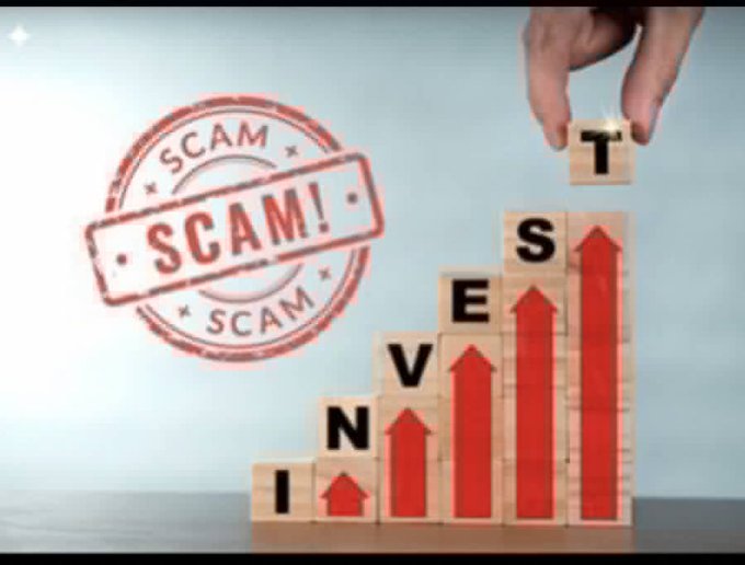 A graphic displays wooden blocks spelling 'INVEST' with red upward arrows, accompanied by a 'SCAM!' stamp.