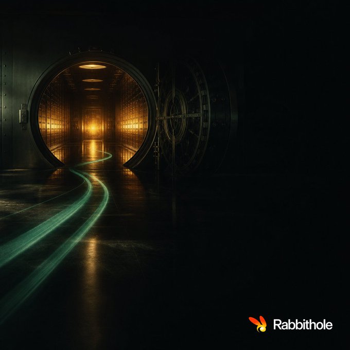 A massive bank vault door opens to reveal a glowing corridor of golden light, with an ethereal green light trail streaming across the polished floor. The "Rabbithole" logo appears in the bottom right corner, symbolizing the gateway to exclusive investment opportunities ("residencies") that unlock wealth and capital access.