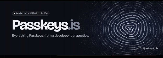 A dark promotional graphic reads “Passkeys.is” with the tagline “Everything Passkeys, from a developer perspective,” alongside a dotted fingerprint graphic and a small “passkeys.is” key logo. A label at the top-left says “WebAuthn · FIDO2 · P-256,” reinforcing the post’s message that passkeys serve as a secure identity gateway for onchain access.