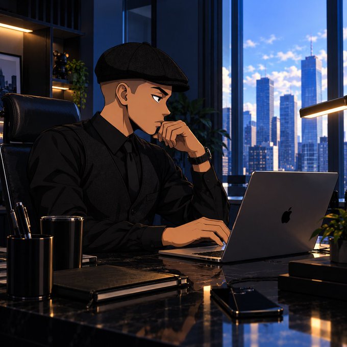 An anime-style illustration of a person in black clothing and a cap working on a laptop at a desk with a cityscape visible through the window.