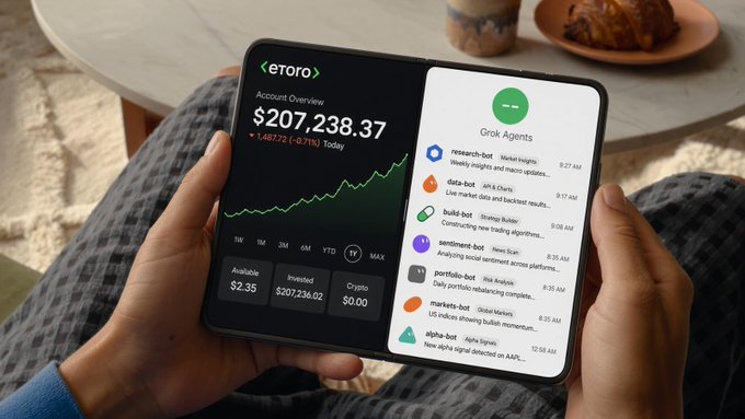 A person holds a foldable smartphone displaying the eToro app, showing a portfolio balance of $207,238.37 on the left pane and a "Grok Agents" panel featuring AI-driven bots like research-bot, data-bot, and build-bot (with build-bot constructing new trading algorithms) on the right pane, visually illustrating the integration of AI automation into the trading platform.