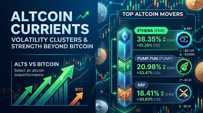 An infographic titled 'ALTCOIN CURRENTS' showing 'Top Altcoin Movers' including ETHENA (ENA) +38.35%, PUMP.FUN (PUMP) +20.98%, and XRP +18.41%.