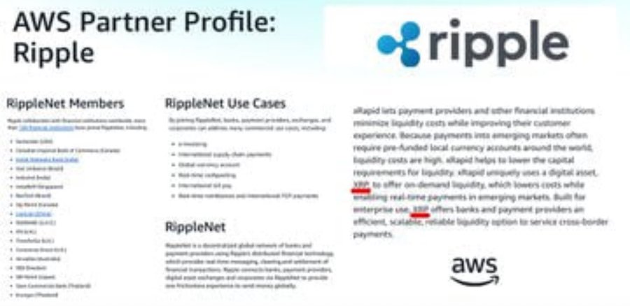 An 'AWS Partner Profile: Ripple' document showing RippleNet Members, RippleNet Use Cases, and a description of alRapid's services, with the AWS logo and Ripple logo visible.