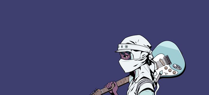 Stylized illustration of a musician wearing a white hat, white face covering, and goggles, playing an electric guitar against a solid dark purple background.