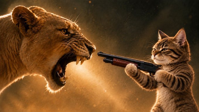 A humorous, dramatic illustration depicting a lion roaring on the left while a tabby cat on the right points a shotgun directly at its face against a dark, glowing background.
