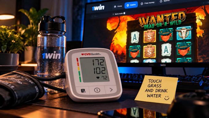 A desk setup shows a blood pressure monitor reading 172/102 with a 72 heart rate, next to a '1win' water bottle, a sticky note reminding to 'TOUCH GRASS AND DRINK WATER', and a monitor displaying a 'WANTED DEAD OR WILD' slot game.