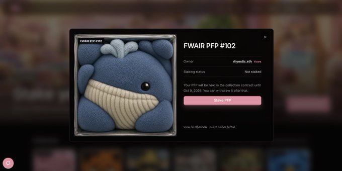 A digital NFT marketplace interface displays a "FWAIR PFP #102" featuring a blue whale plushie collectible, with details showing ownership by "rhysndlc.eth" on the Yours platform and a prominent pink "Stake PFP" button—directly illustrating the staking functionality mentioned in the post for gaining beta access to public pools.