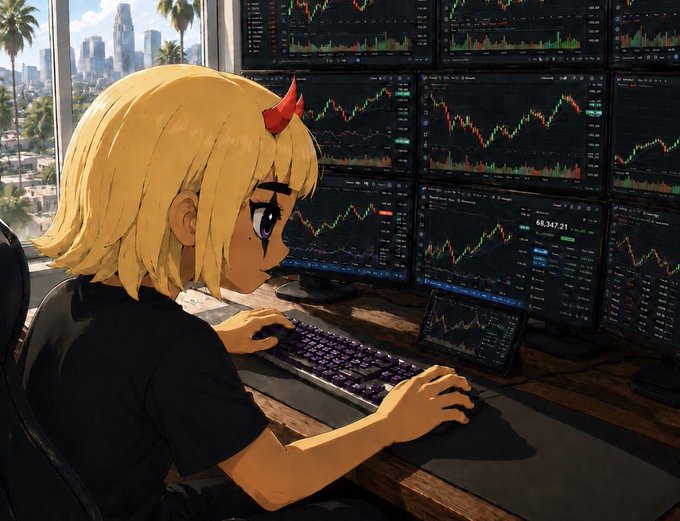 An anime-style illustration of a blonde girl with a small red horn accessory, intensely focused while trading on multiple screens displaying stock/crypto charts with a cityscape visible through the window behind her.