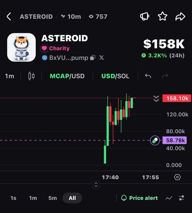 This image shows a screenshot of an Excel chart displaying astronomical data including a breakdown of various celestial bodies, such as comets and stars. The chart also includes information about cryptocurrency investments, with a specific focus on a Bitcoin-like product called "Astroid". In the text box at the top, it's mentioned that there is a $15,8k stake in this product from charity.