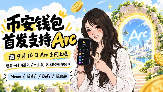 A promotional illustration shows a smiling anime-style woman holding a phone displaying a Binance Wallet balance of $1,234.56 with tokens like BTC, ETH, USDT, and ARC, standing beside a glowing portal labeled "Arc" leading to a fantasy castle, while large Chinese text announces "币安钱包首发支持 Arc" (Binance Wallet first to support Arc) with a launch date of September 16th for Arc's mainnet, reinforcing the post's excitement about Binance's quick support for Circle's new stablecoin-focused blockchain.
