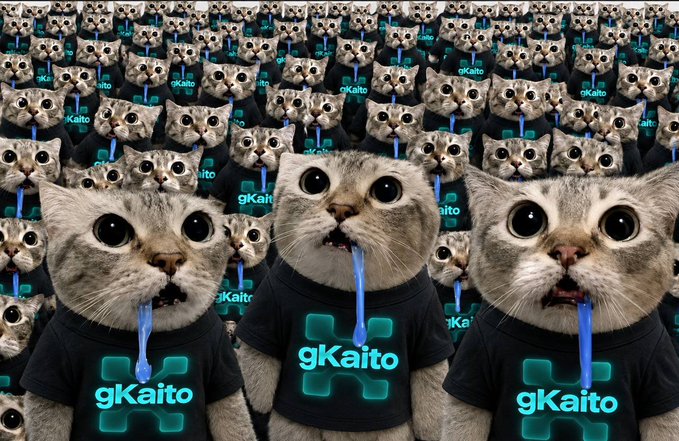 A surreal image showing multiple identical cats wearing black t-shirts with the 'gKaito' logo and a medical cross design, all drooling blue liquid.