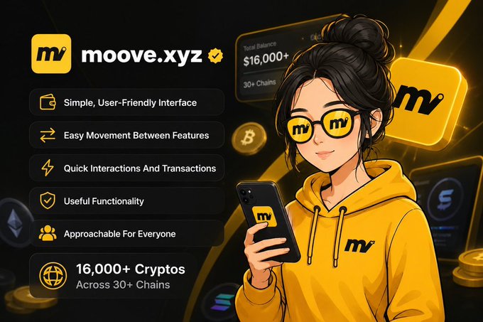 A promotional graphic for the cryptocurrency platform "moove.xyz" features an anime-style woman in a yellow hoodie holding a phone, alongside a list of features including "Simple, User-Friendly Interface," "16,000+ Cryptos," and "Total Balance $16,000+."