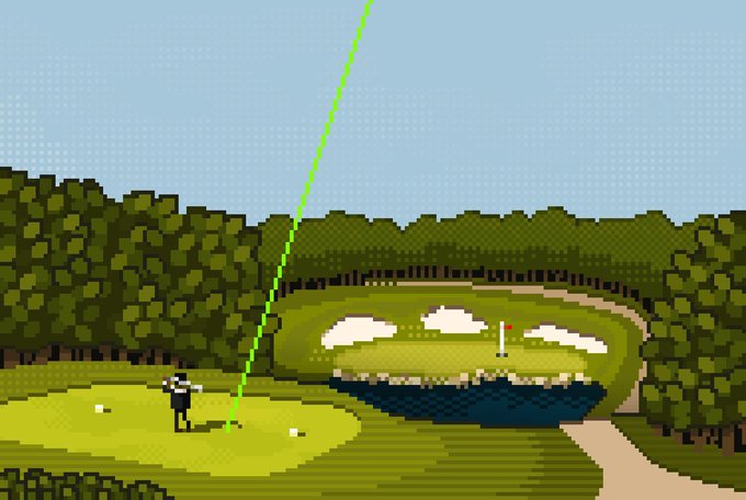 A pixel art scene of a golf course showing a golfer swinging a club with a bright green trajectory line arcing toward the green, which features bunkers and a flagstick.
