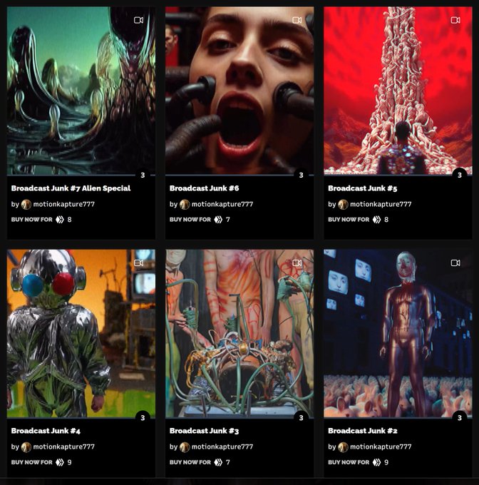 A grid of six NFT listings titled 'Broadcast Junk' (#2-#7) by motionkapture777, featuring surreal and unsettling digital art with prices ranging from 7 to 9.