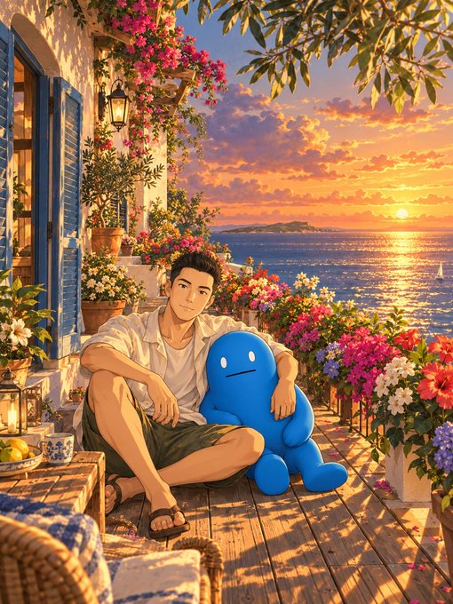 An anime-style illustration shows a young man sitting on a Mediterranean-style terrace at sunset, accompanied by a blue blob-like character, surrounded by blooming flowers and overlooking the sea.