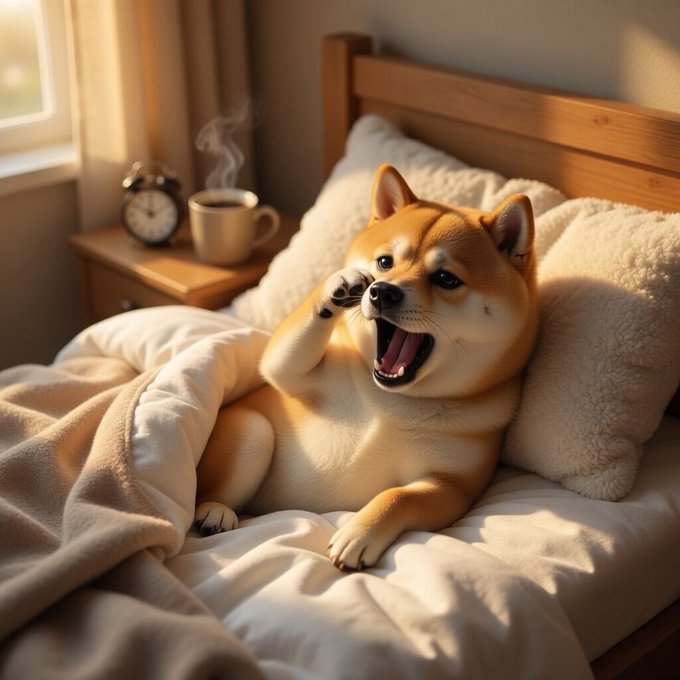 The image features a brown dog lying down on a bed, with its mouth open as if panting or yawning. The dog appears to be resting comfortably on a white pillow. In front of the dog, there's an alarm clock placed next to a cup filled with coffee. The background includes a window and a chair, suggesting that this scene takes place in a bedroom setting.