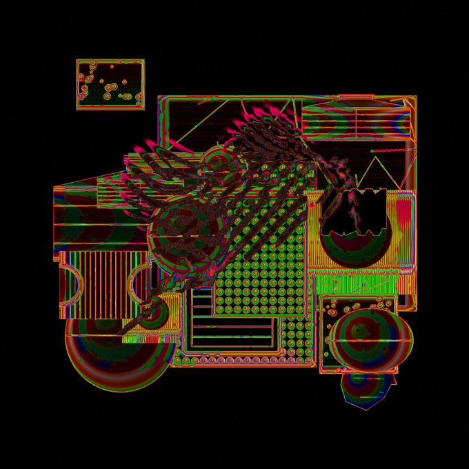 An abstract digital artwork featuring neon-colored geometric shapes, grids, and dotted patterns with a rainbow chromatic aberration effect on a black background.